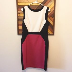 Pink, black, and white color block dress